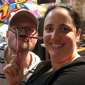 Danyelle Robson and Tom Williams with Adelaide Show Podcast pens