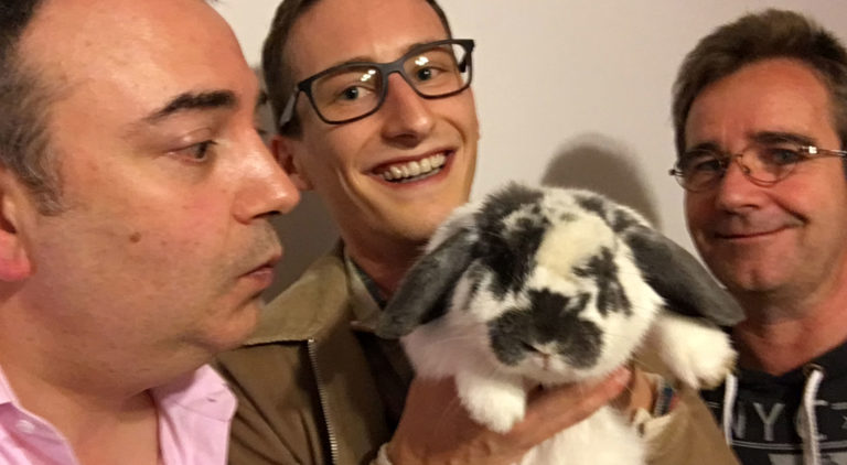 Steve Davis Todd Fischer and Nigel Dobson-Keeffe talking album cover art with a rabbit for The Adelaide Show podcast