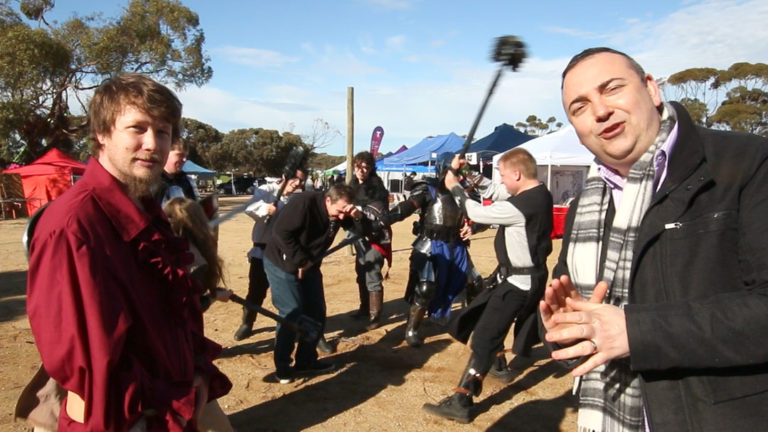 Nigel gets lesson from The Southern Wilds LARP on The Adelaide Show at the Game Obsession Expo Mannum