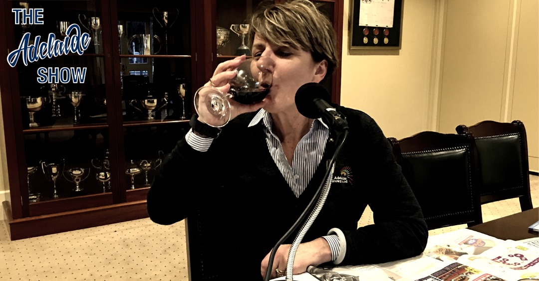 Michelle Hocking drinking red wine on The Adelaide Show Podcast 209