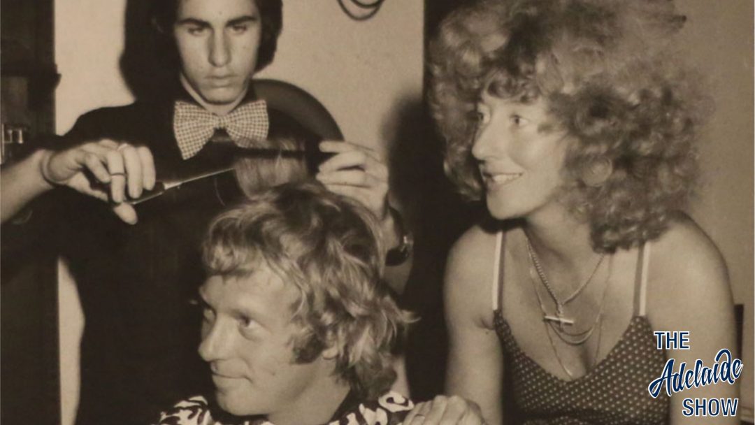 The Adelaide Show Podcast regular, Don Violi, in bowtie, cutting Jack Thompson's hair for Sunday Too Far Away