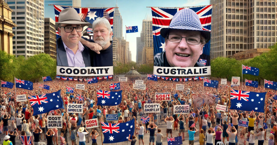 395 - Redgum-flavourerd Mid Year South Australian Politics Pulse Check. Steve Davis with John Schumann in a mock political poster, and the same with Robert Godden.