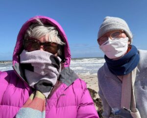 Susan and Johanna in collecting outfits on Glenelg beach