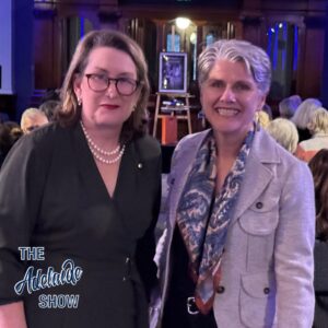 Susan Neuhaus, left, with Lainie Anderson, at the book launch recorded for episode 439 - Lady Marie Galway And Her Husband's Pipe